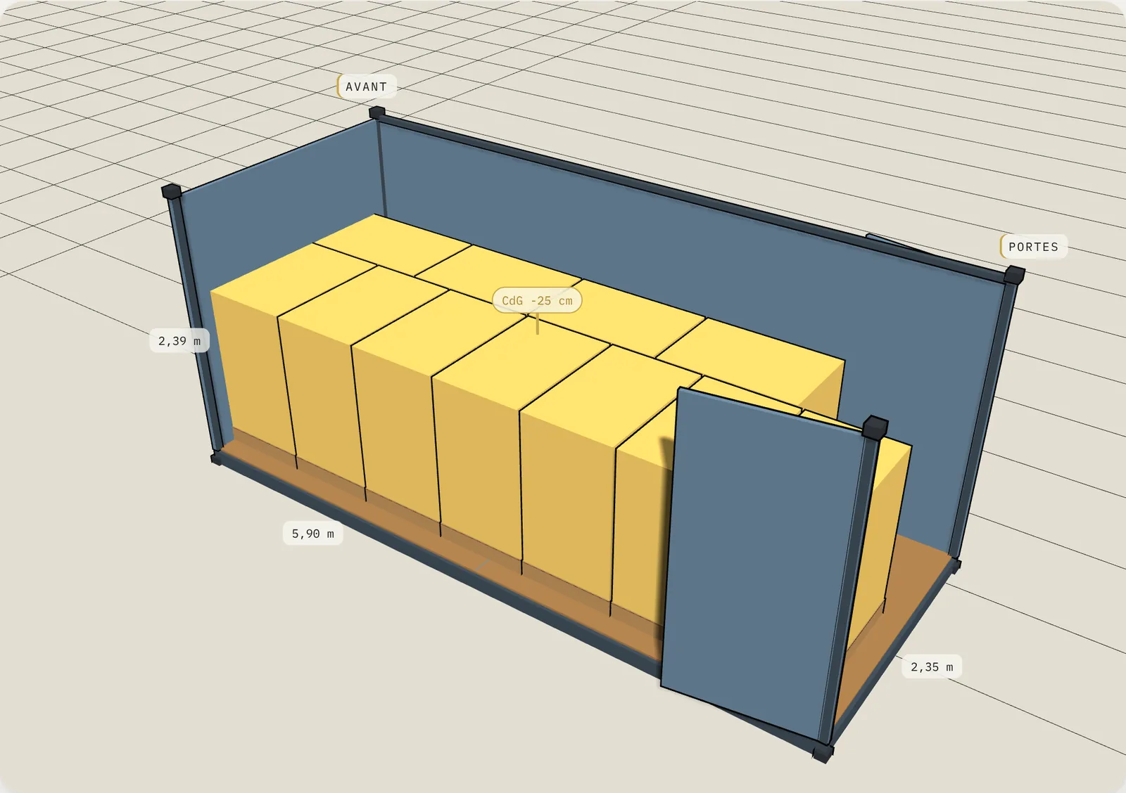 Plan de chargement en 3D : 11 palettes EUR, 20' dry