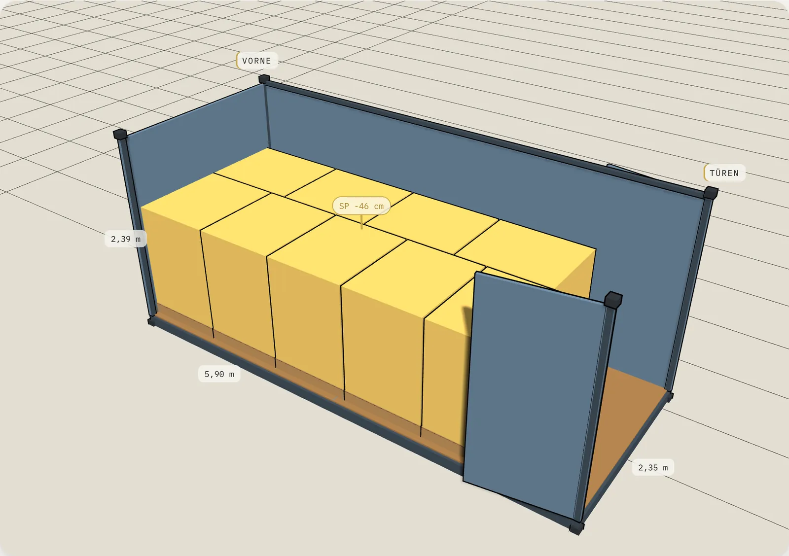 3D-Ladeplan: 9 Paletten 120 × 100 am Boden, 20' Standard