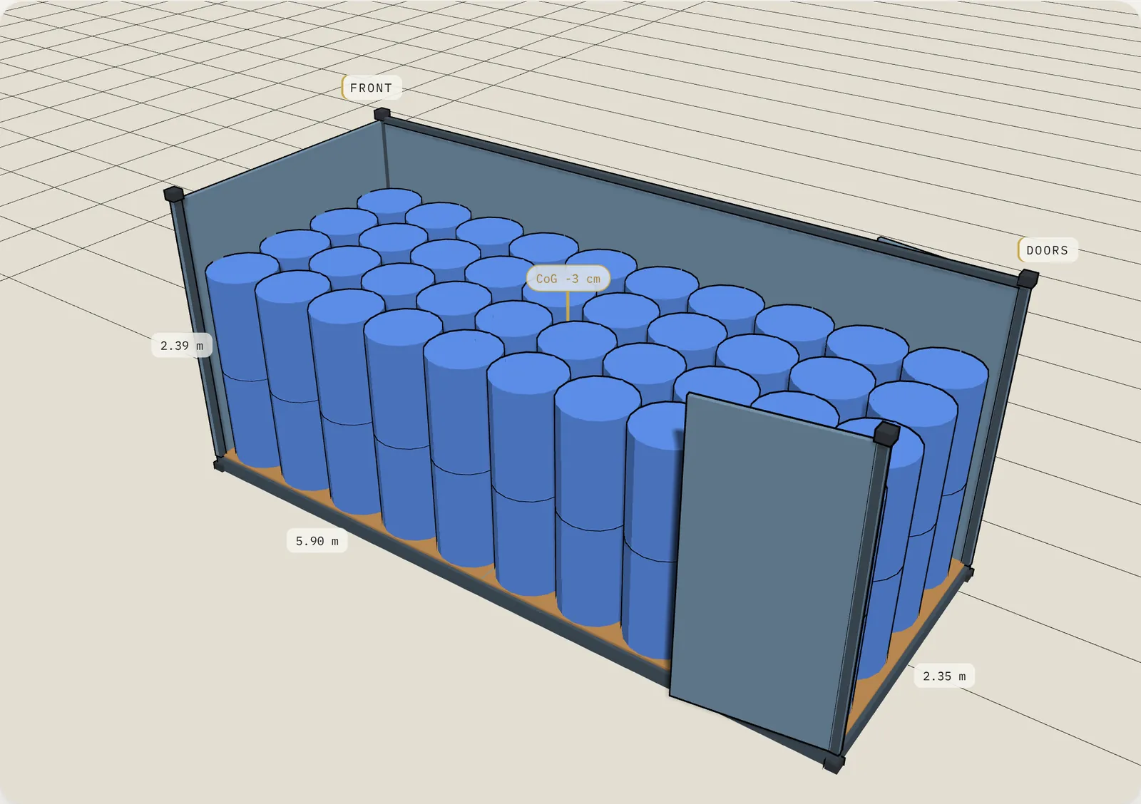 3D load plan: 80 drums of 200 L on 2 tiers, 20' dry