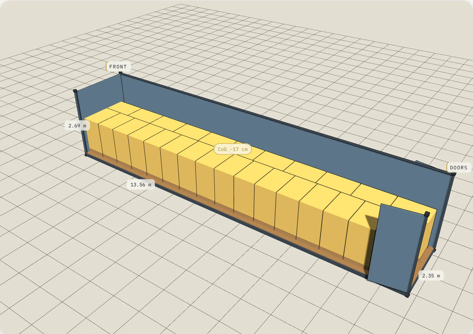 3D load plan: 27 EUR pallets in a standard-width 45' HC, 45' HC