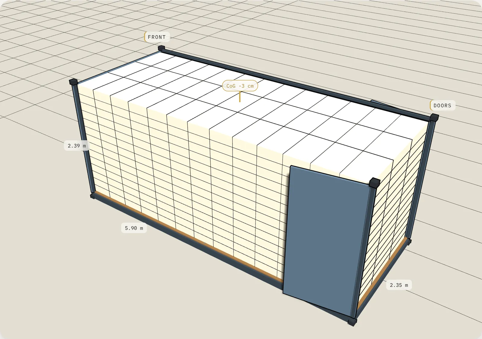 3D load plan: 546 bags of 50 kg, 20' dry