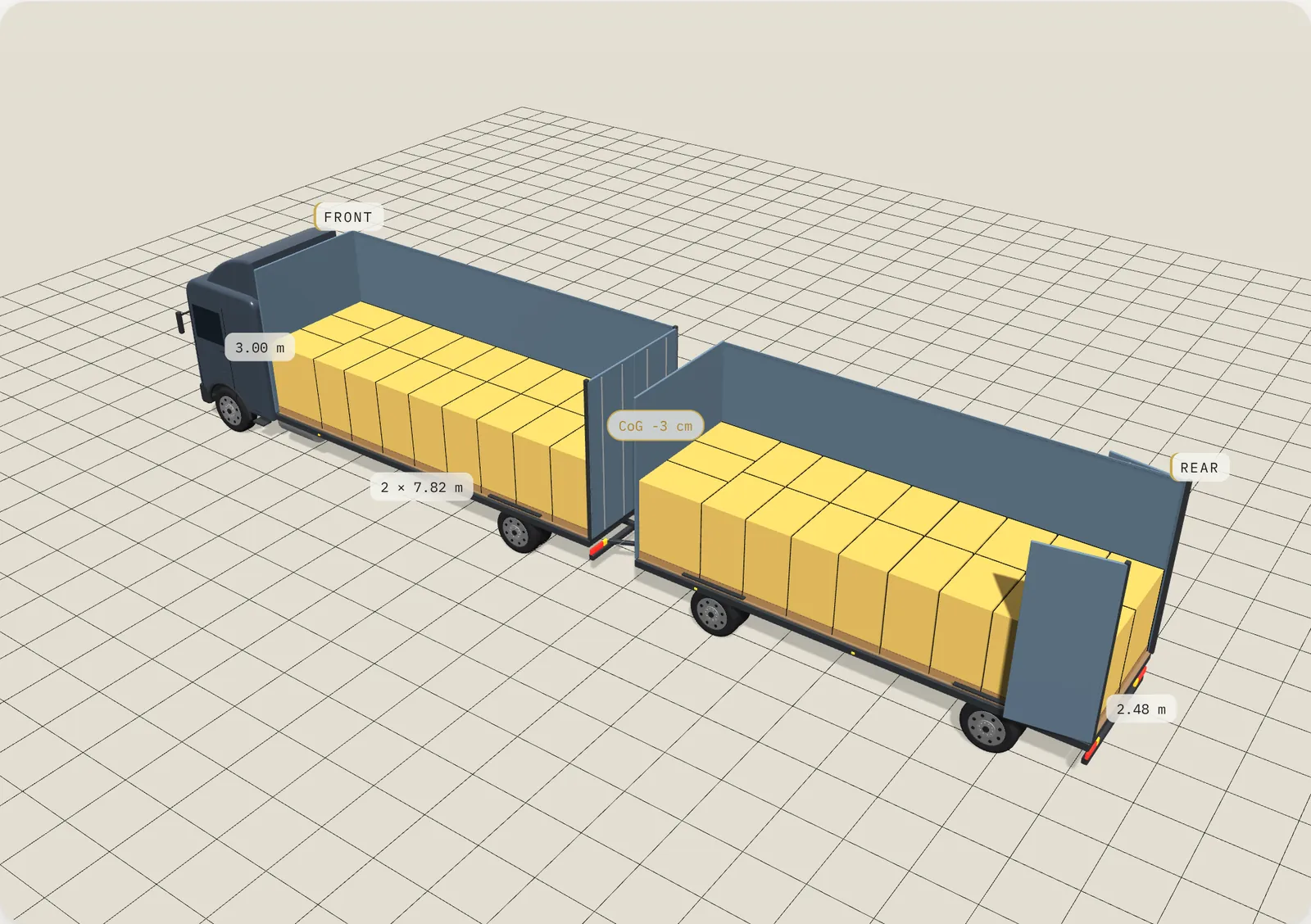 3D load plan: 38 EUR pallets, Road train