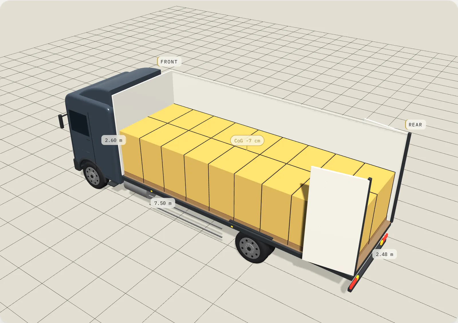 3D load plan: 18 places on the floor, 19 t rigid