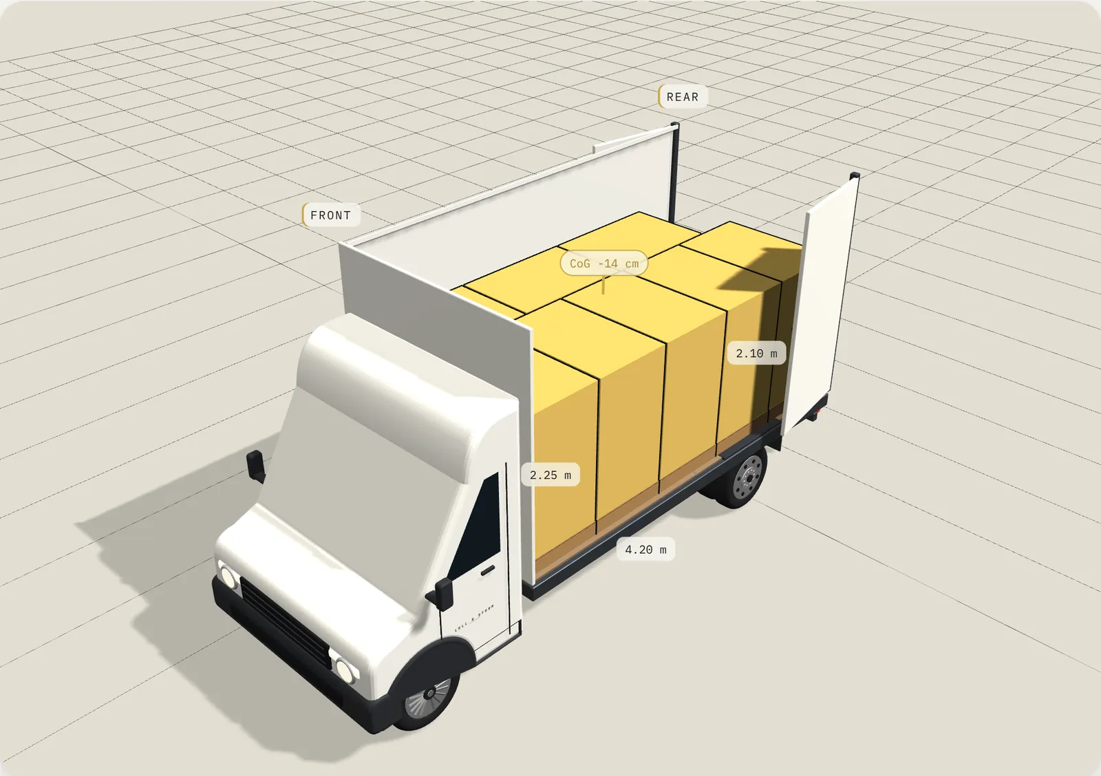 3D load plan: 8 places on the floor, 20 m³ box van, 3.5 t