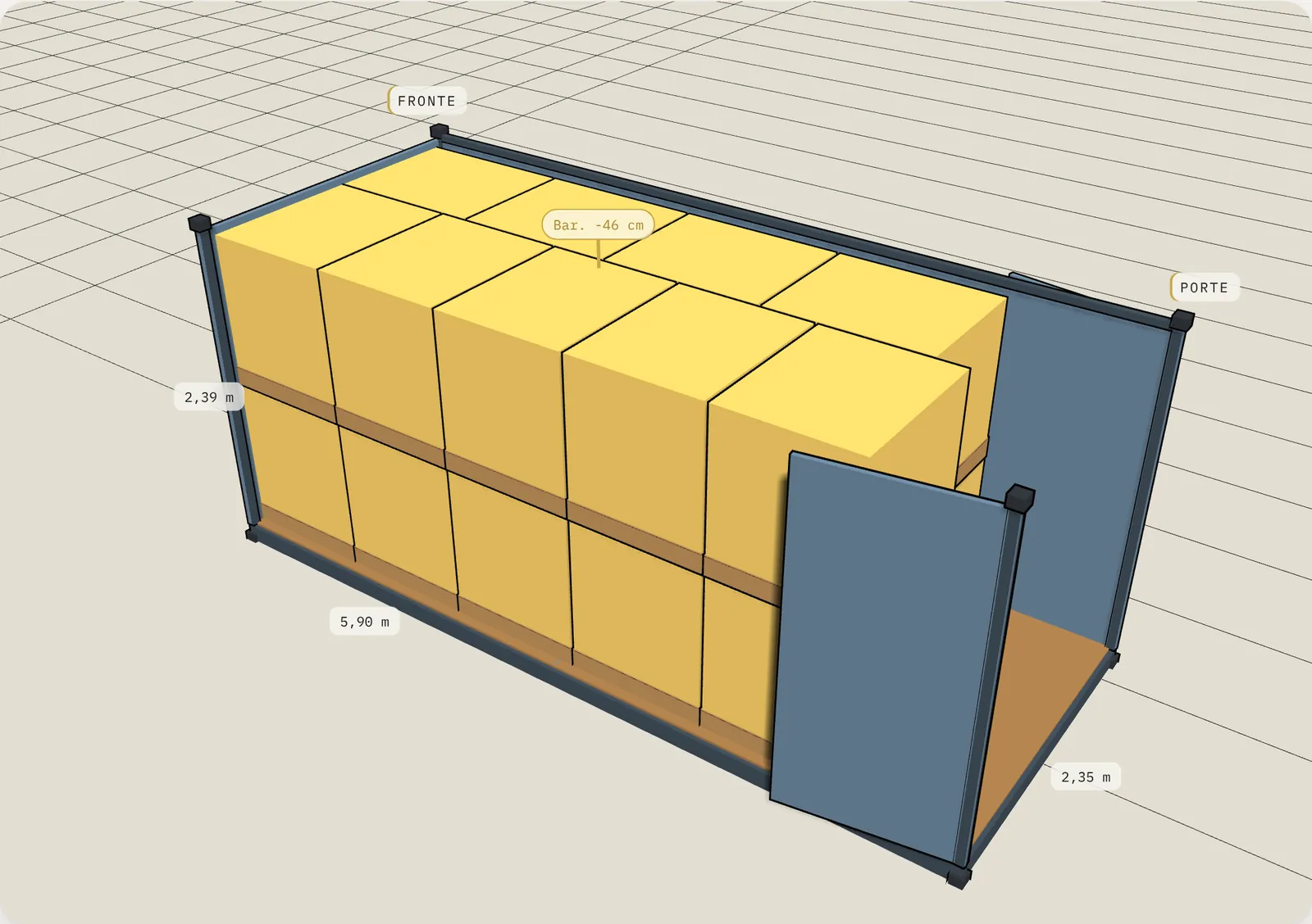 Piano di carico 3D: 9 IBC a terra, 20' dry