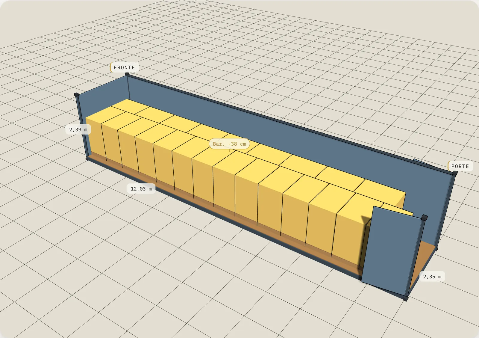 Piano di carico 3D: 23 pallet EUR a terra, 40' dry