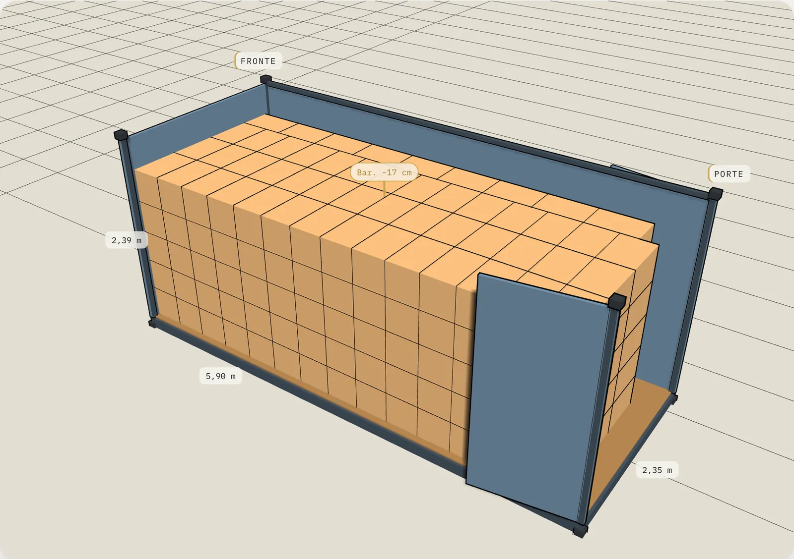 Piano di carico 3D: 255 cartoni da 60 × 40 × 40 cm, 20' dry