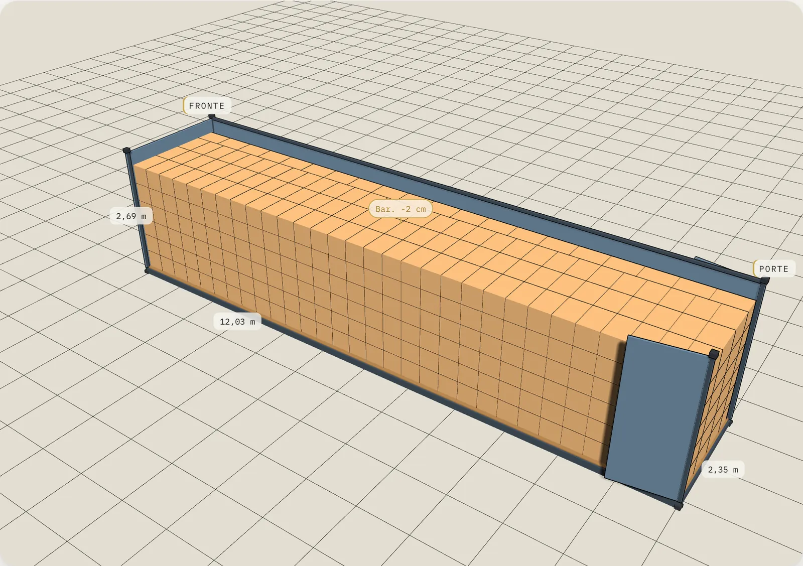 Piano di carico 3D: 660 cartoni da 60 × 40 × 40 cm, 40' HC